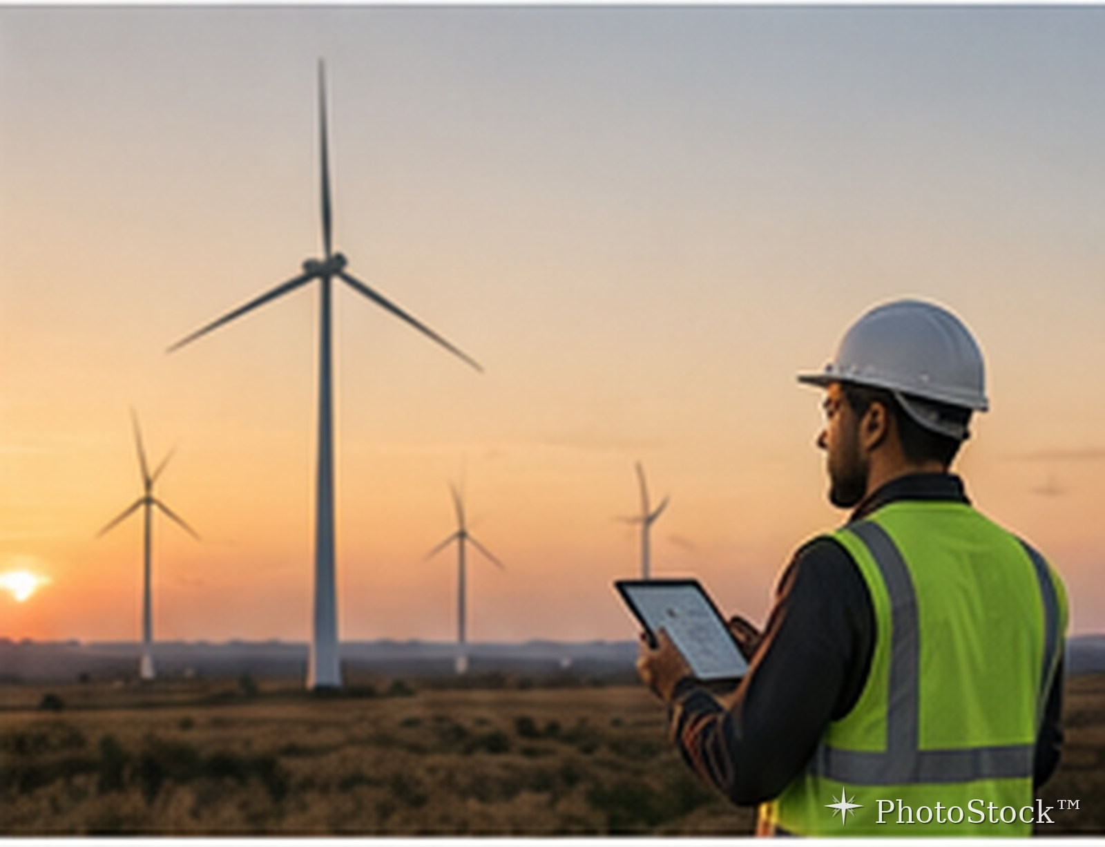 Wind farm technician performing a digital inspection