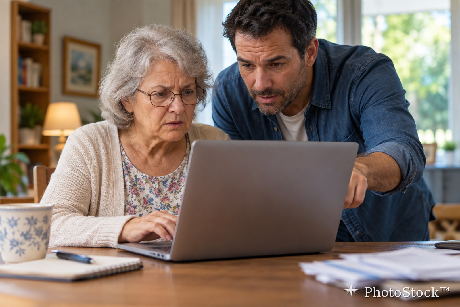 Adult son helping senior mother review a suspicious online request