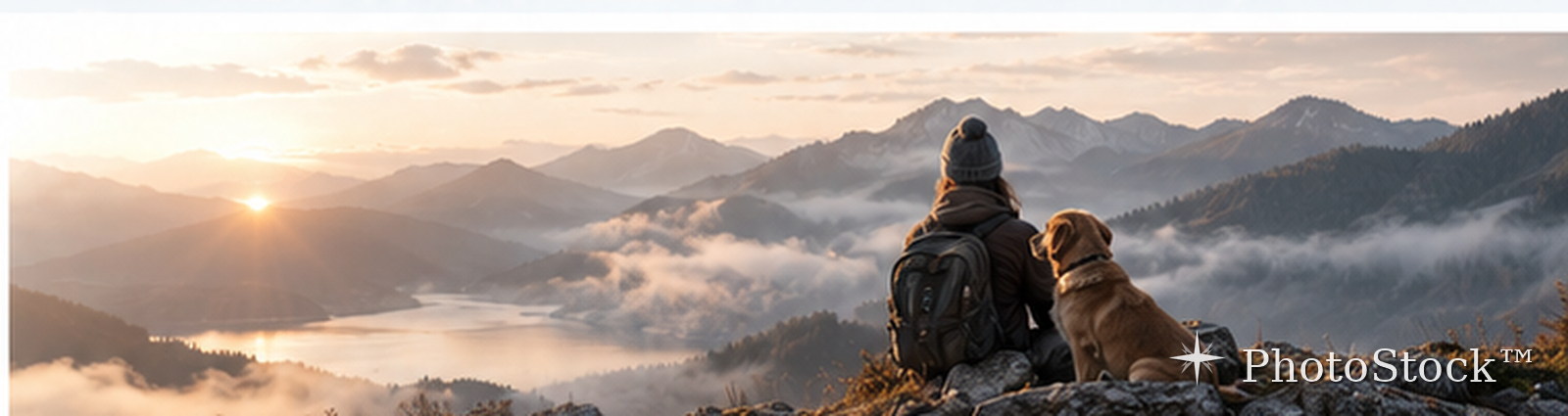 Hiker and dog overlooking a mountain valley