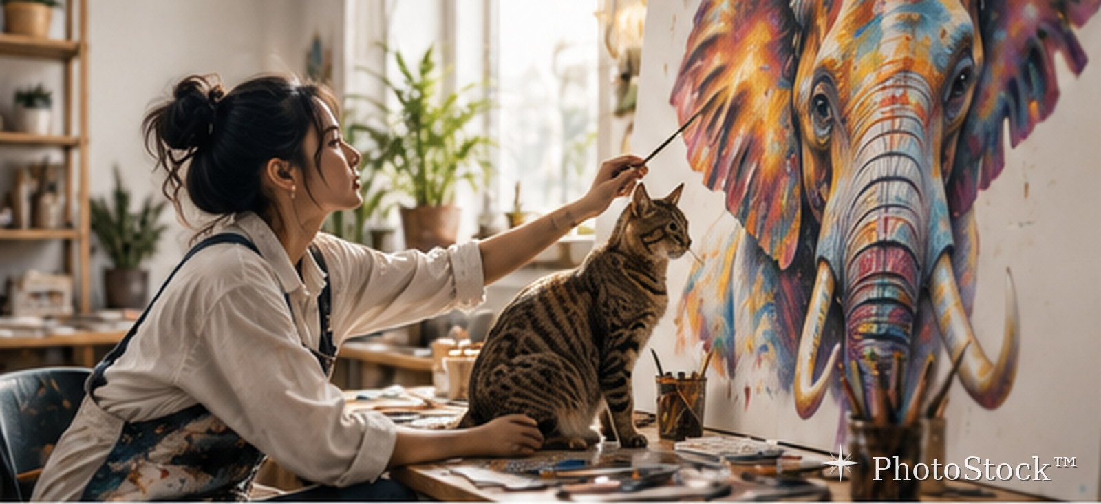 Artist painting a colorful elephant with a cat nearby