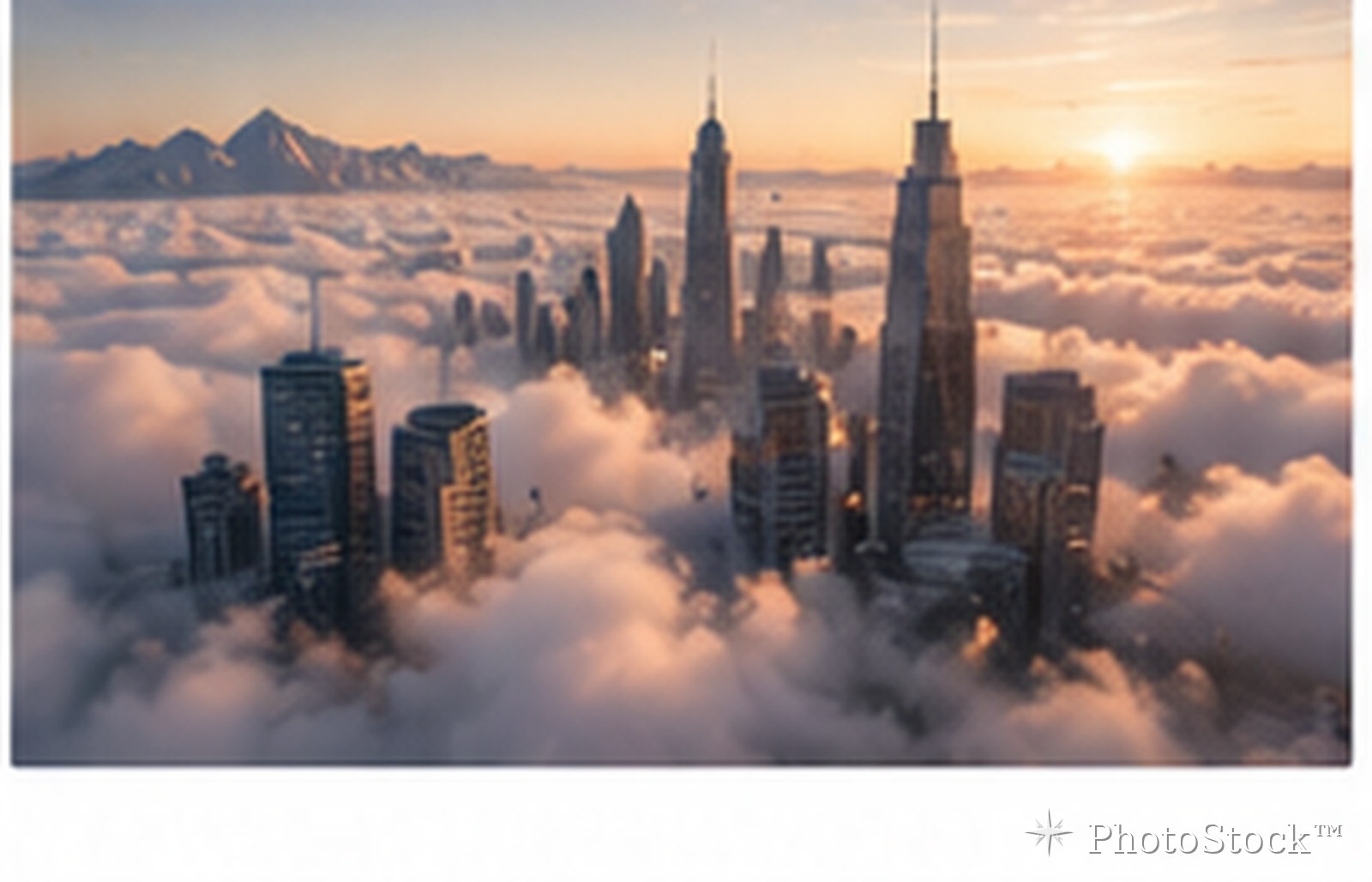 City towers rising above clouds at sunset